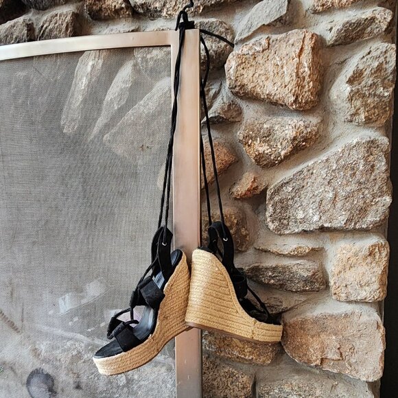 Forever 21 Black Suede Wedge Espadrille Sandals Size 7 - Picture 5 of 16